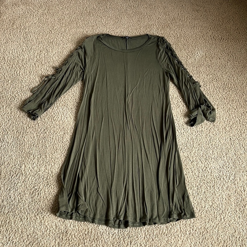 Express Olive Laced Up Long Sleeve Dress